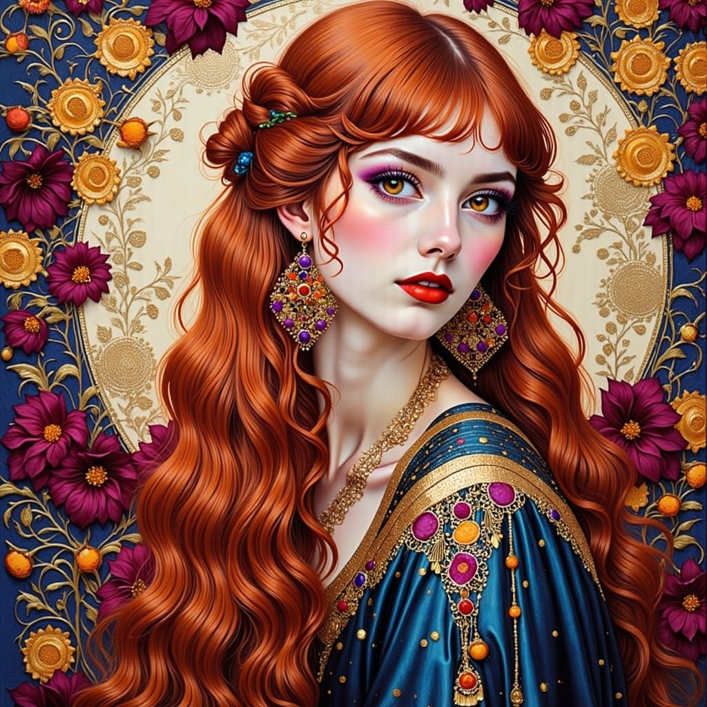 Klimt Style Gypsy Woman with Red Hair and Gold Detail