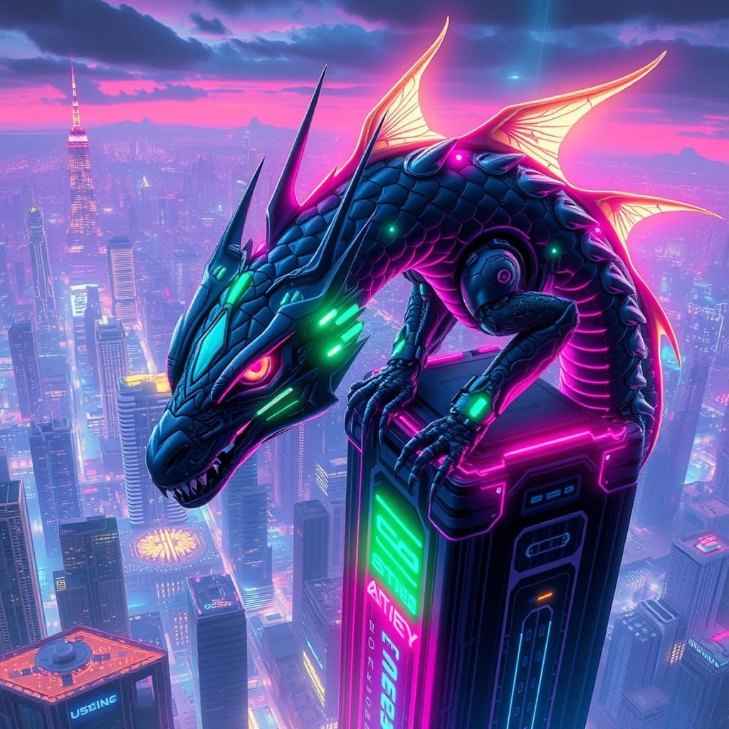 Cyberpunk Dragon Perched Atop Neon Metropolis