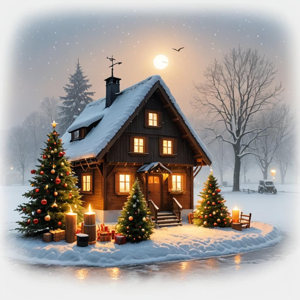Cozy Winter Scene with Solar Panel and Christmas Lights