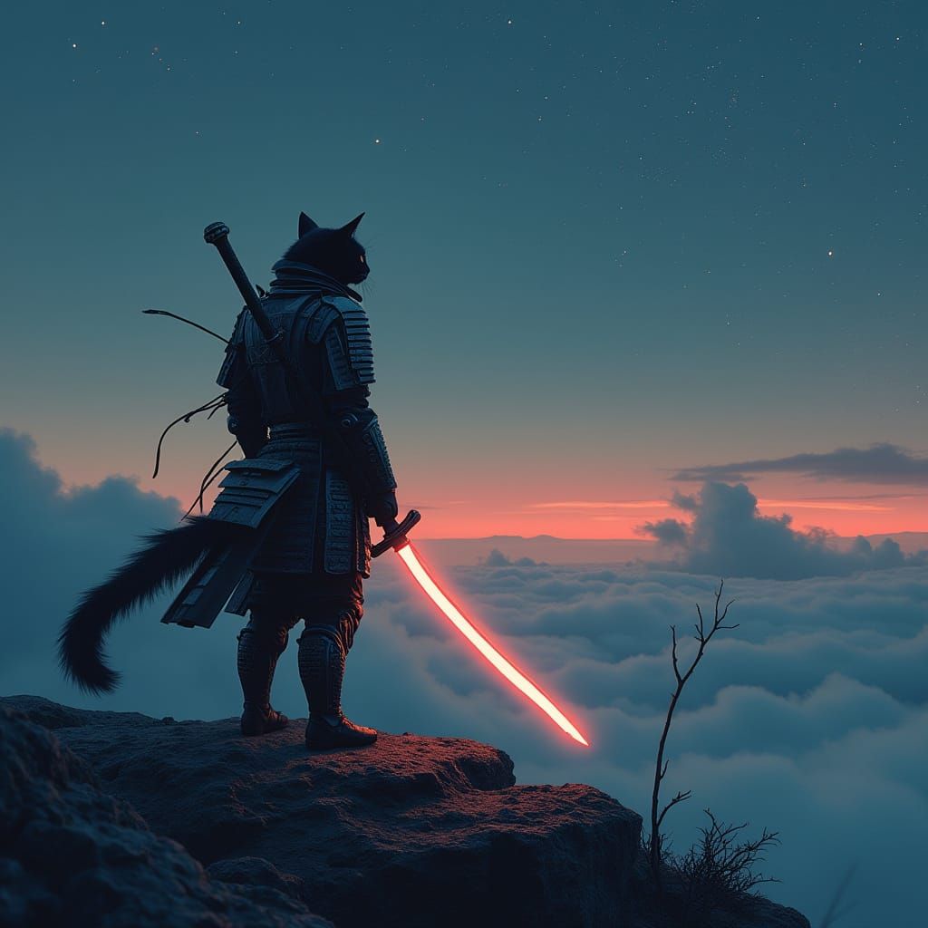 Armored Cat on Mountaintop Gazing at Stars