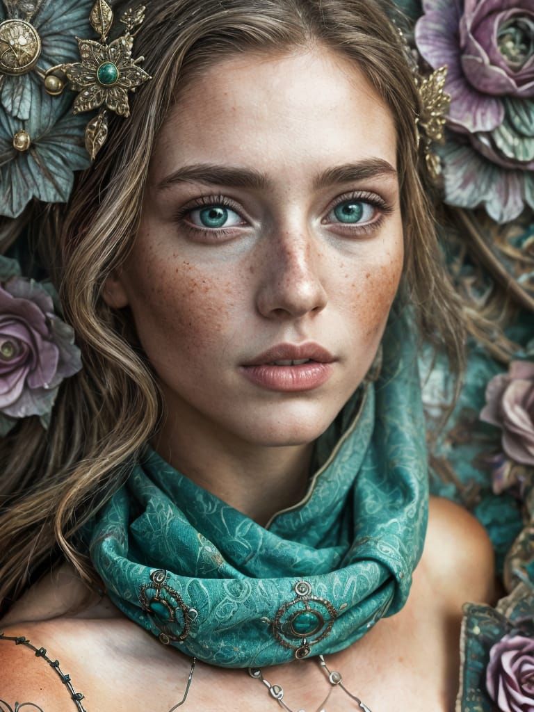 Freckled Woman Portrait in Fantasy-Core Style