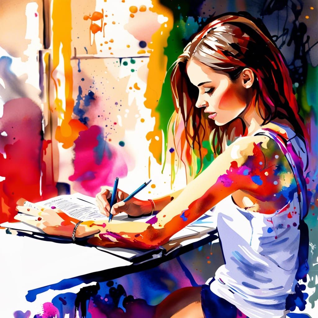 Watercolor Painting of Woman Writing in Diary