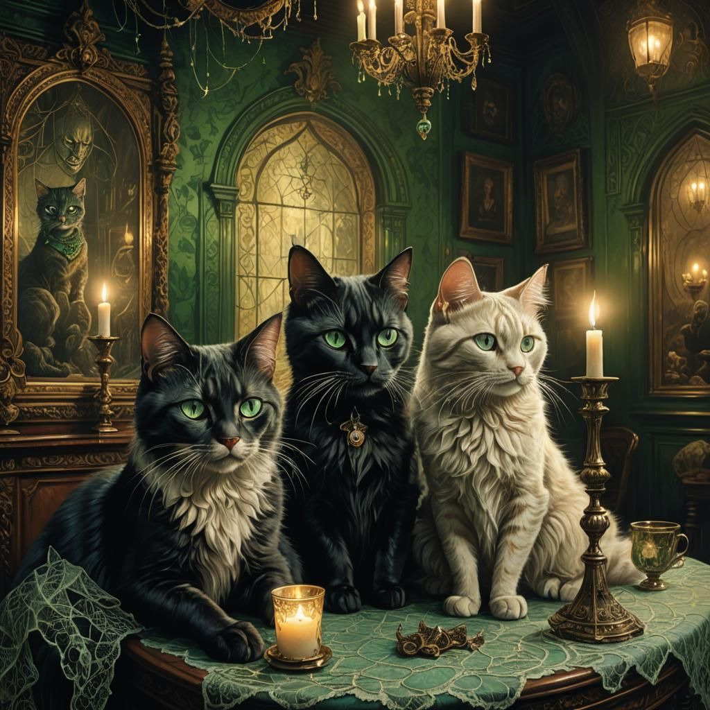 Gothic Victorian Cats in Ornate Parlor