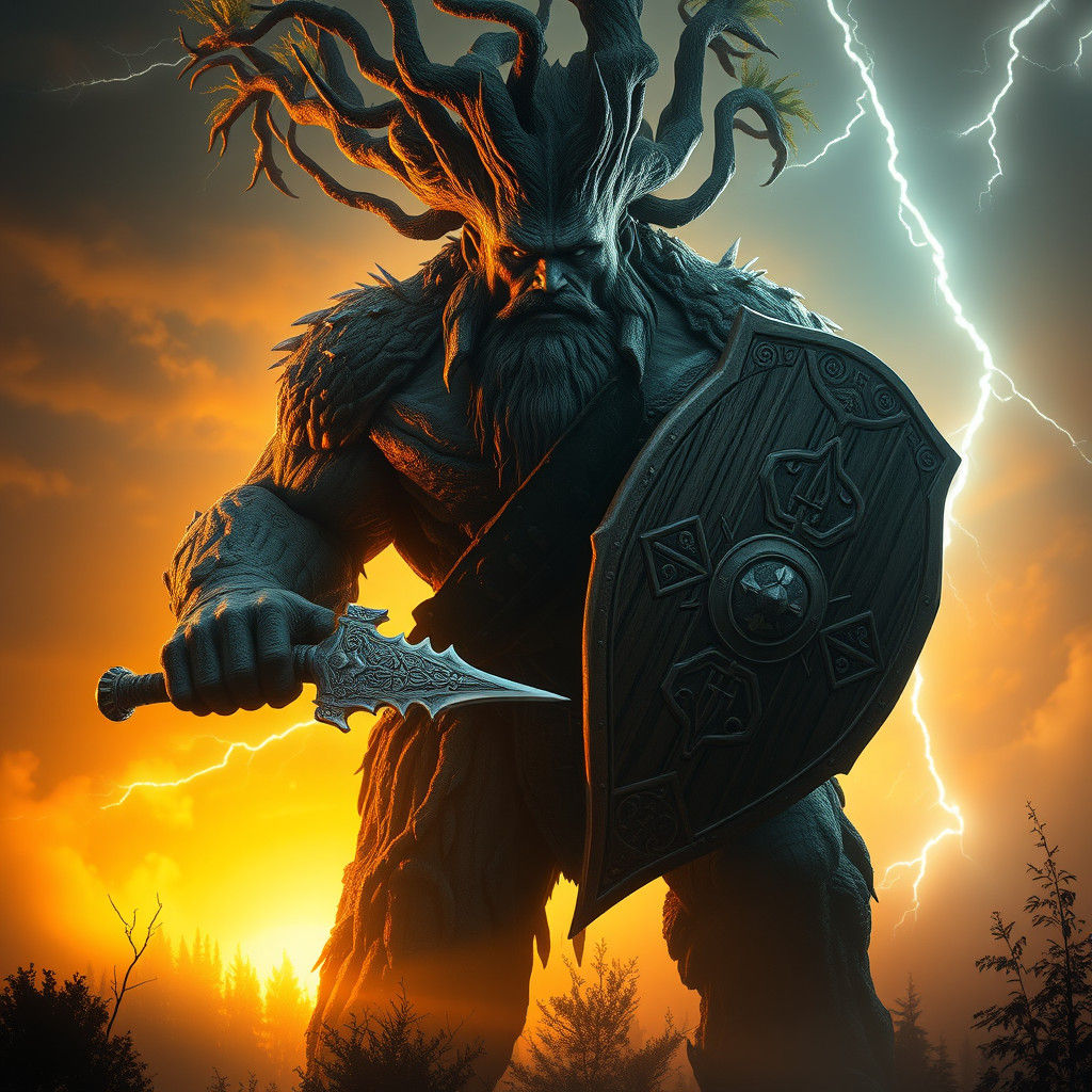 Tree Warrior Emerges at Dawn with Sword
