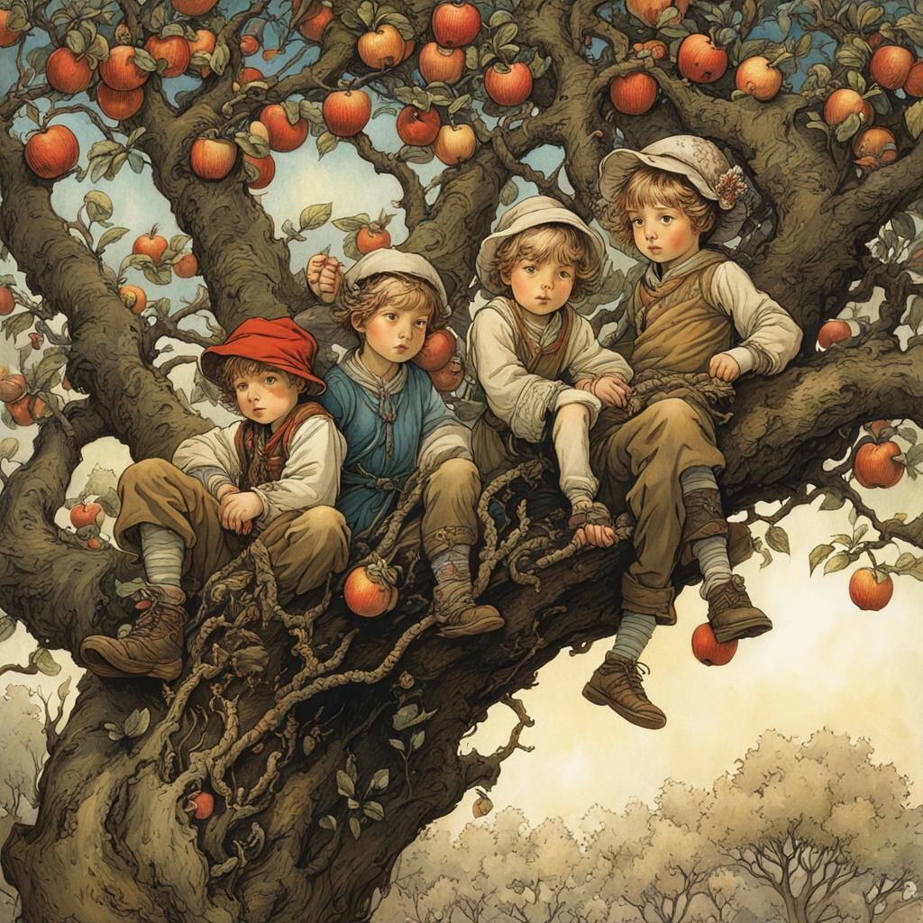 Siblings Hide in Blossoming Apple Tree, Fantasy Illustration