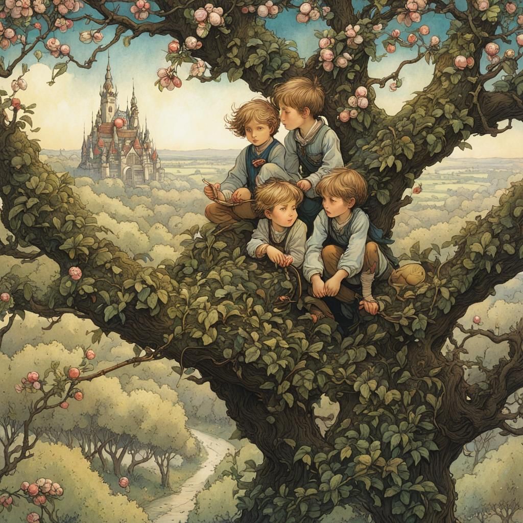 Whimsical Siblings in a Blossoming Apple Tree Scene, in Intr...