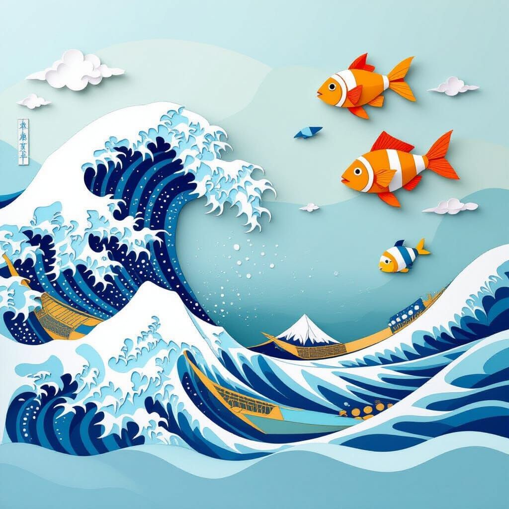 Ocean Scene in Folded Paper Art Style