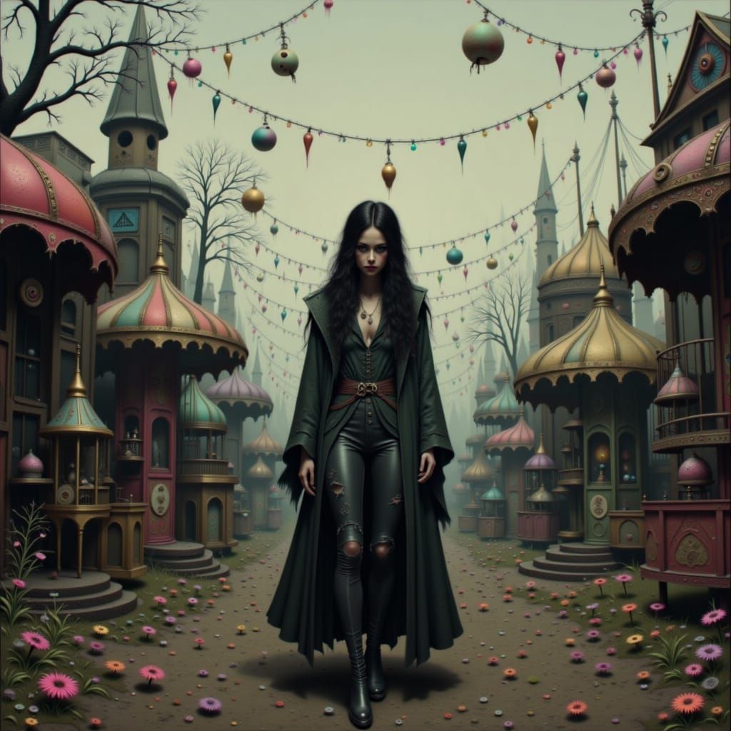 Eerie Woman Walks Through Deserted Vintage Carnival