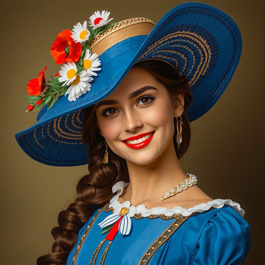 Woman in a Lavish Blue Hat with Poppies and Ship