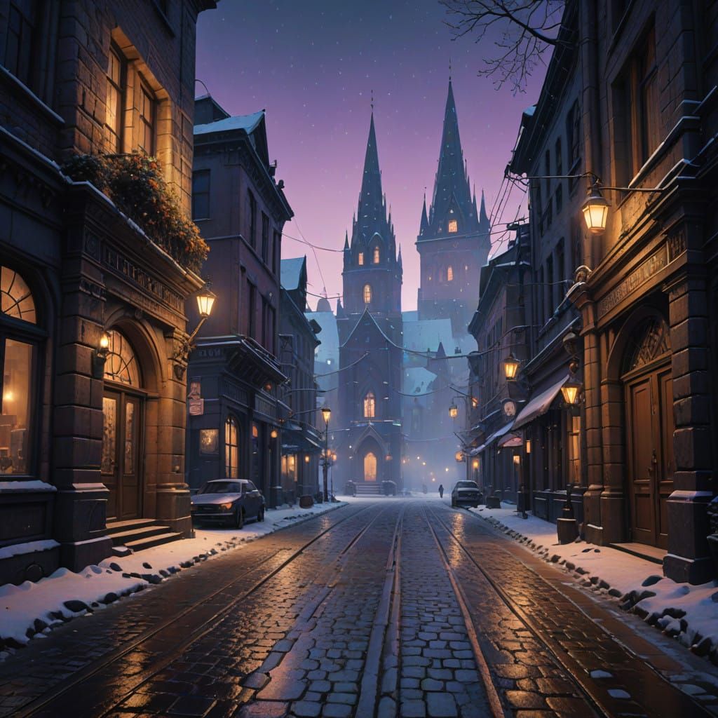 Gothic Cityscape Under Snowy Midnight Sky