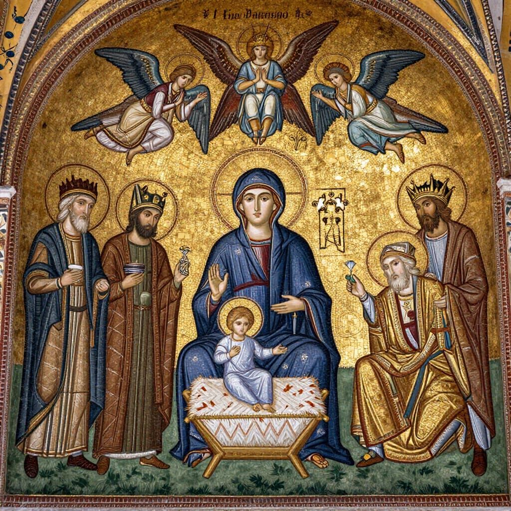 Byzantine Nativity Scene with Gold Leaf and Angels