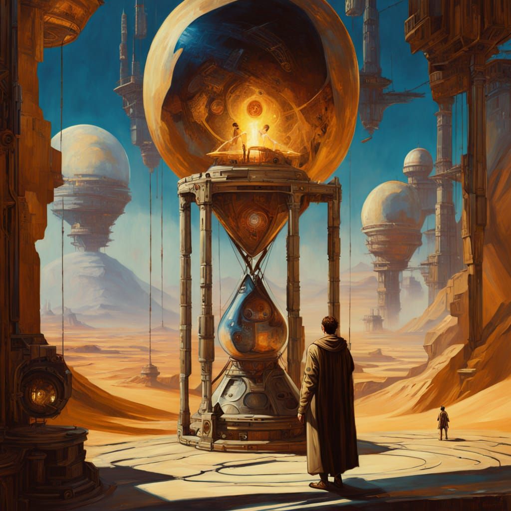 Colossal Hourglass in Space with Cyberpunk Elements