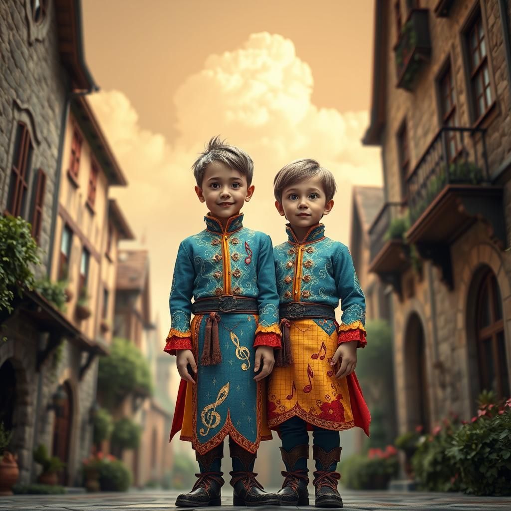 Boys in Musical Attire in Whimsical Village