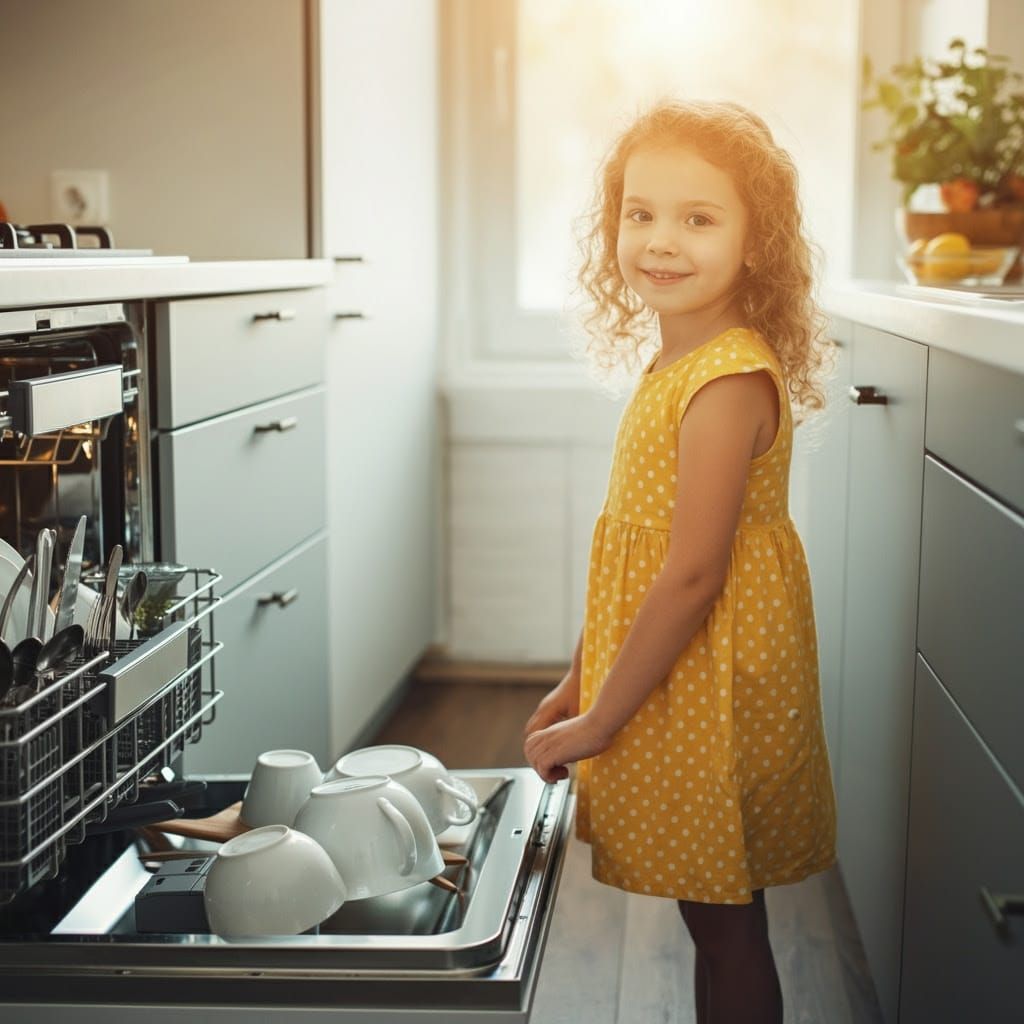 Happy Girl in Front of a Modern Dishwasher