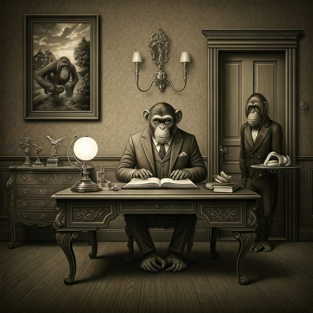 Victorian Monkey Novelist with Orangutan Butler