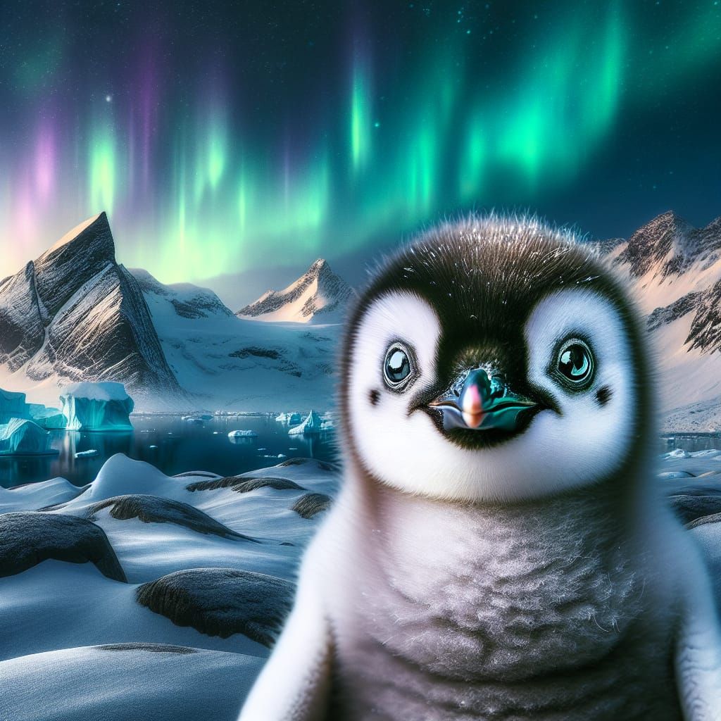 A portrait of a baby penguin in the arctic, watery eyes, snowy mountains, beautiful colorful northern lights, intricate ...