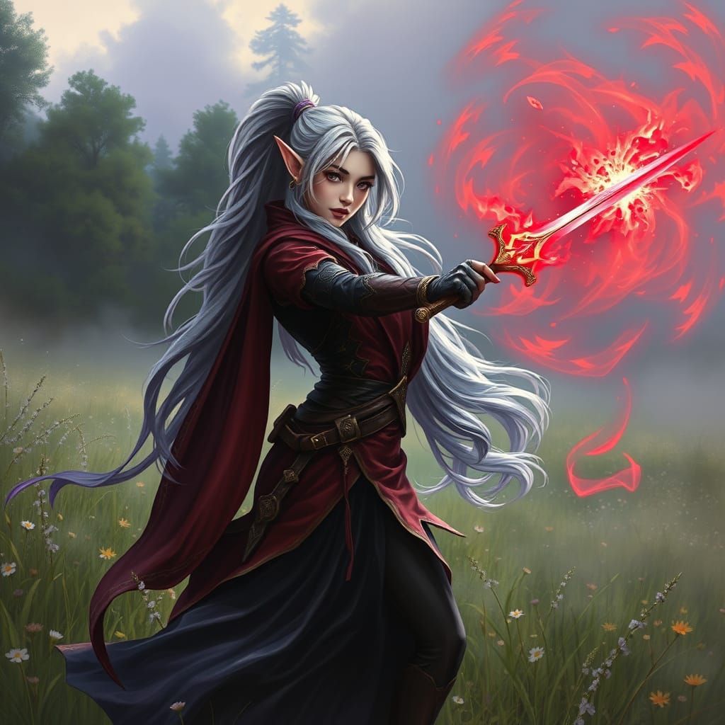 Elegant Dark Elf Mage Training in Meadow