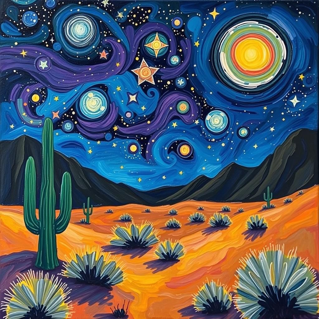 Starry Desert Night in Impasto Oil Paint Style