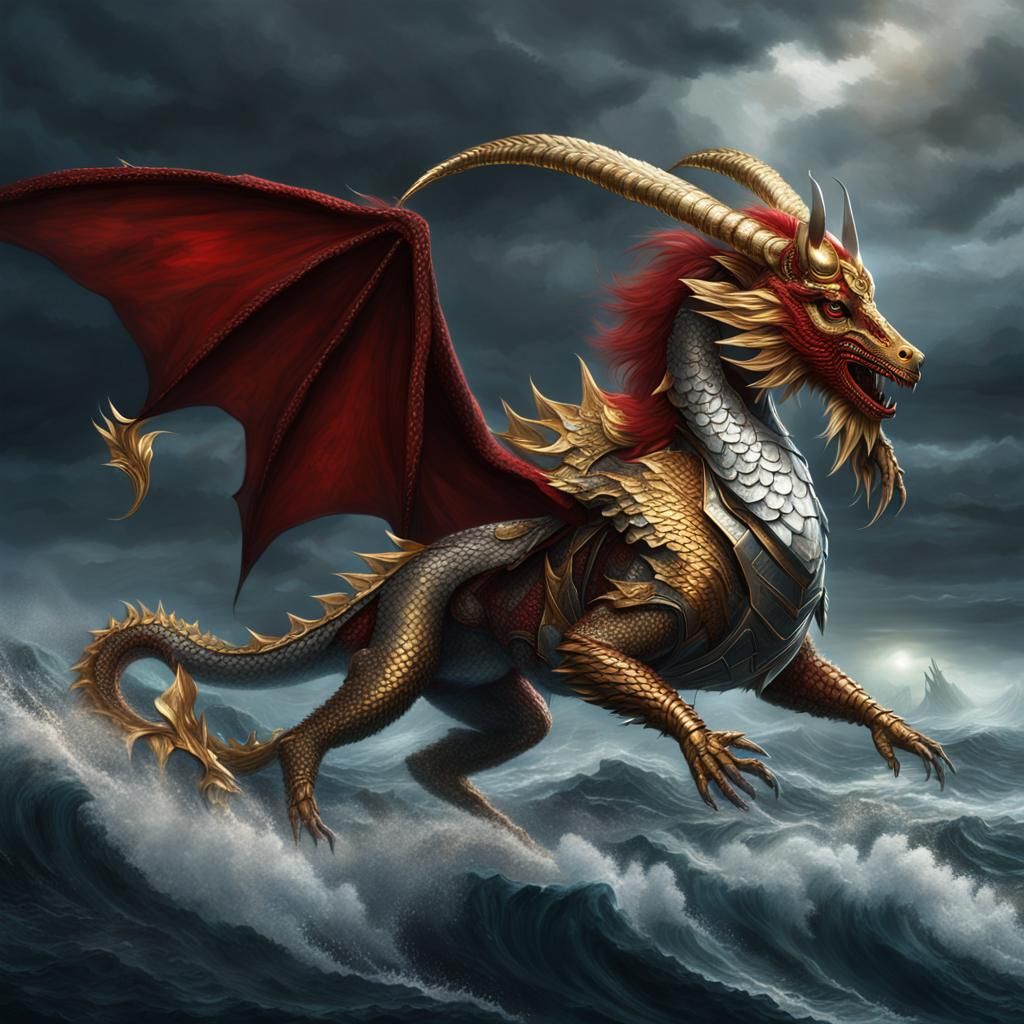 Scarlet Antelope-Dragon Hybrid Over Stormy Sea