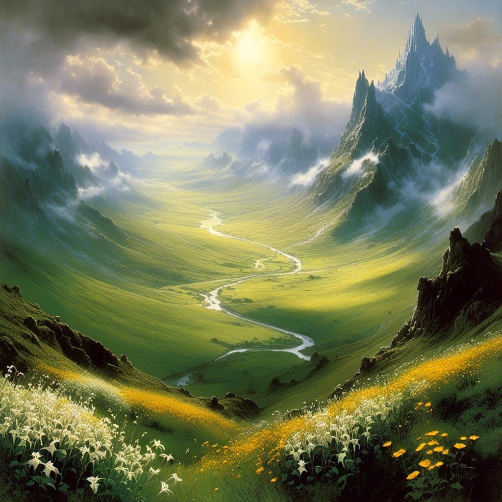 Idyllic Valley Landscape with Elven City