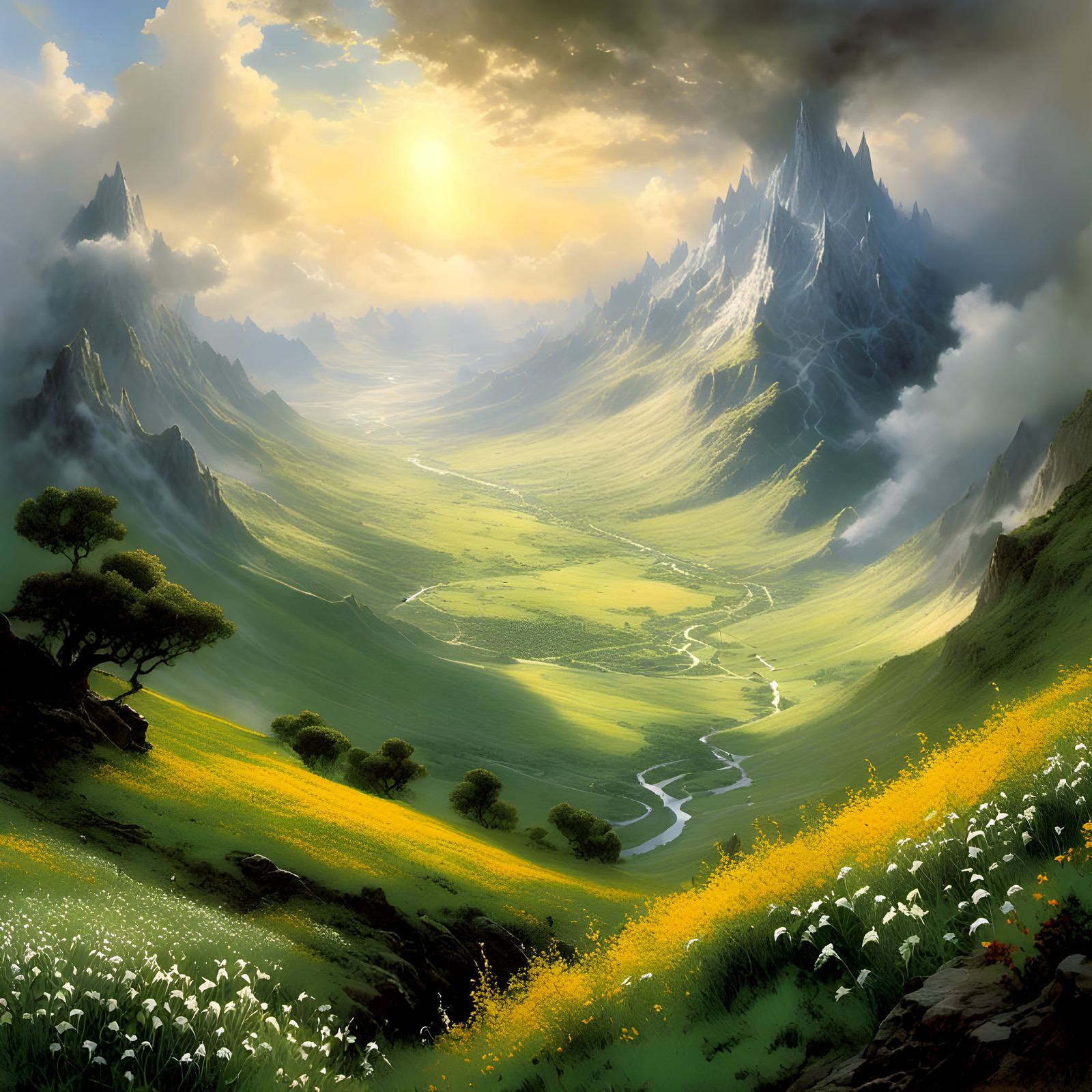 Lush Valley Vista with Distant City