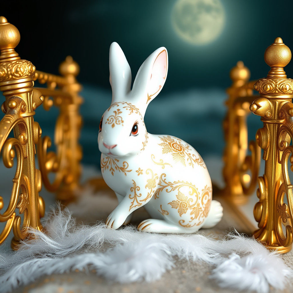 Porcelain Rabbit Figurine on Pier, Whimsical Style