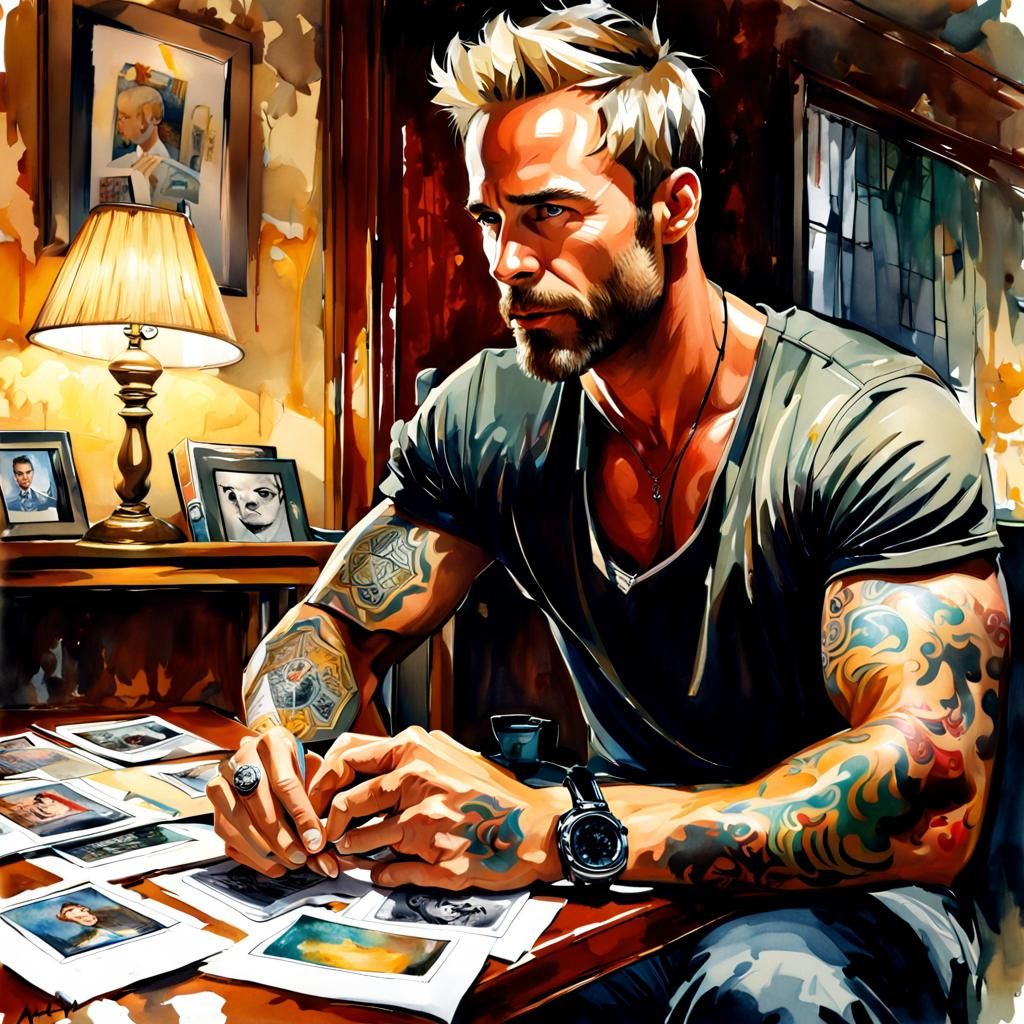 Guy Pearce in Motel Room, Watercolor Portrait