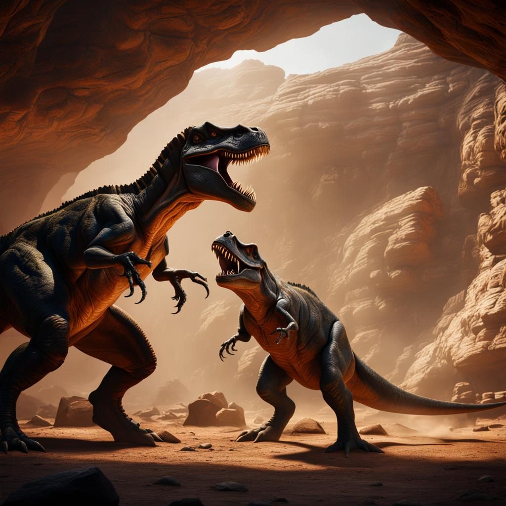 Two T-Rexes Boxing: Cave Painting Style