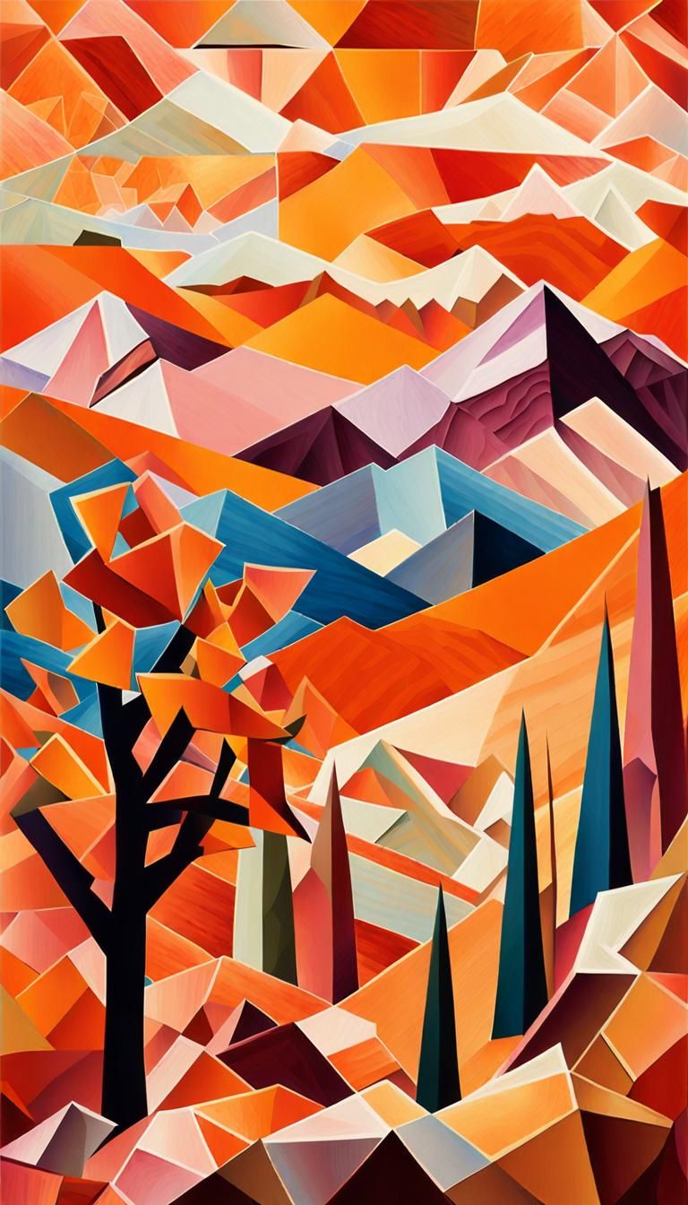 Geometric Mountain Sunset in Cubist Style
