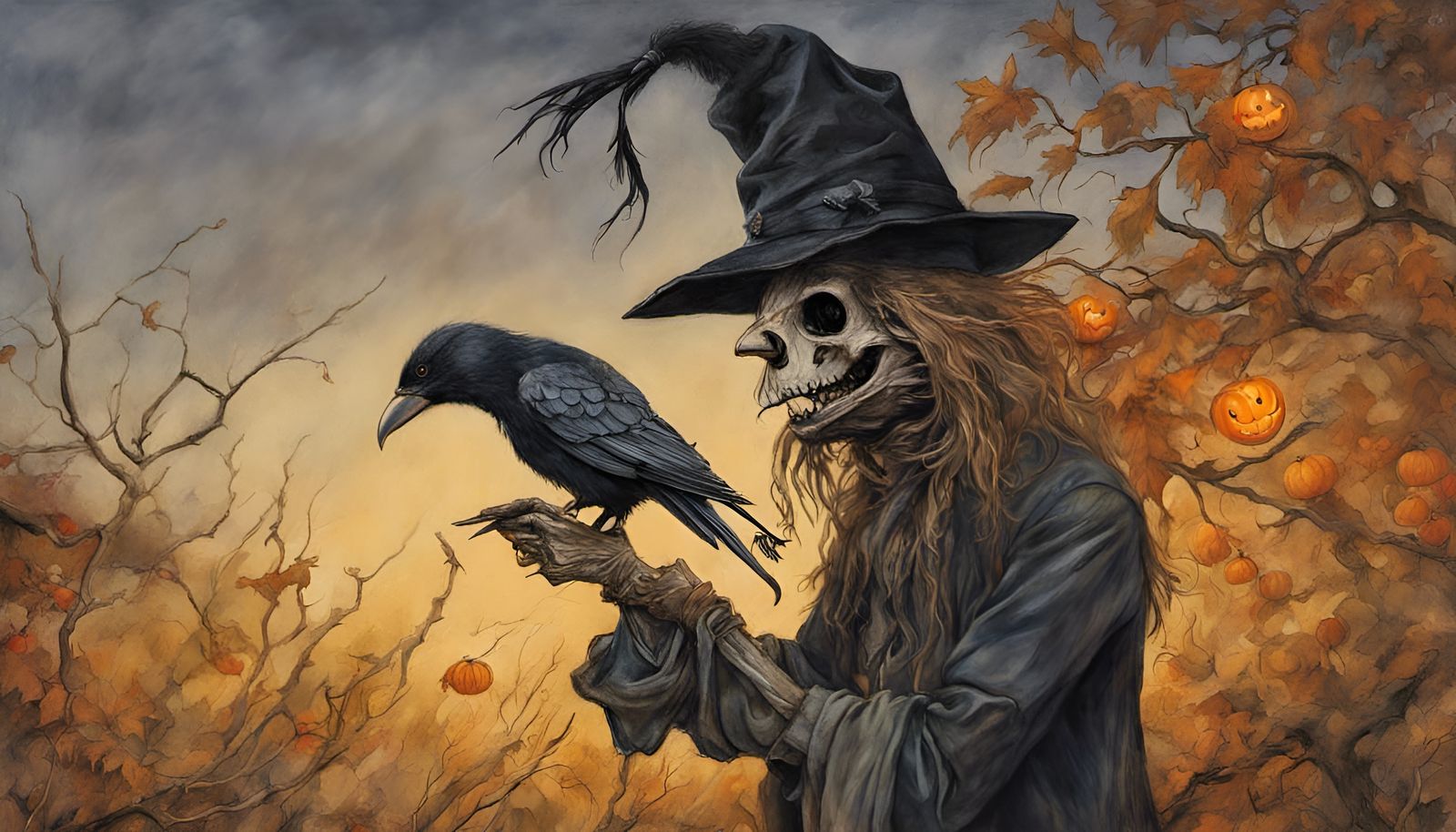 Hyperrealistic Scarecrow Captures Raven in Golden Twilight