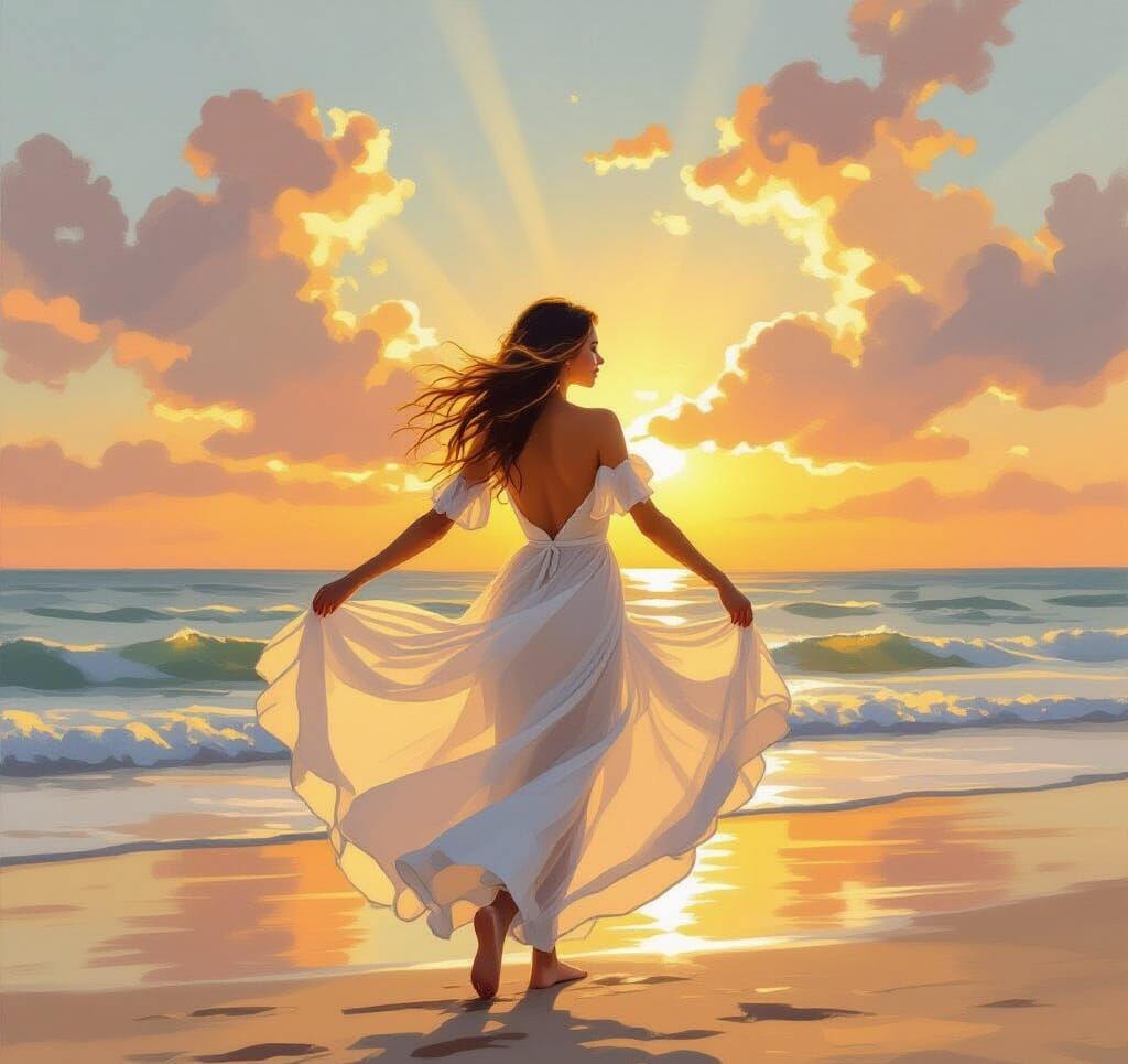 Girl Dancing at Sunset in Impressionist Style