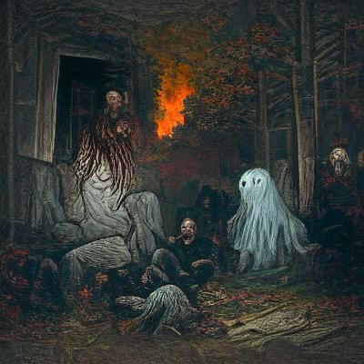 Burning Haunted House with Ghosts in Dark Woods