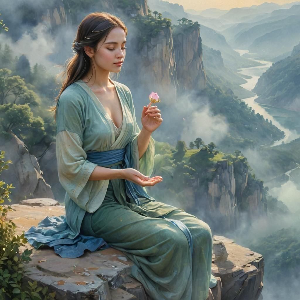 Serene Woman with Lotus Flower Overlooking Misty Valley