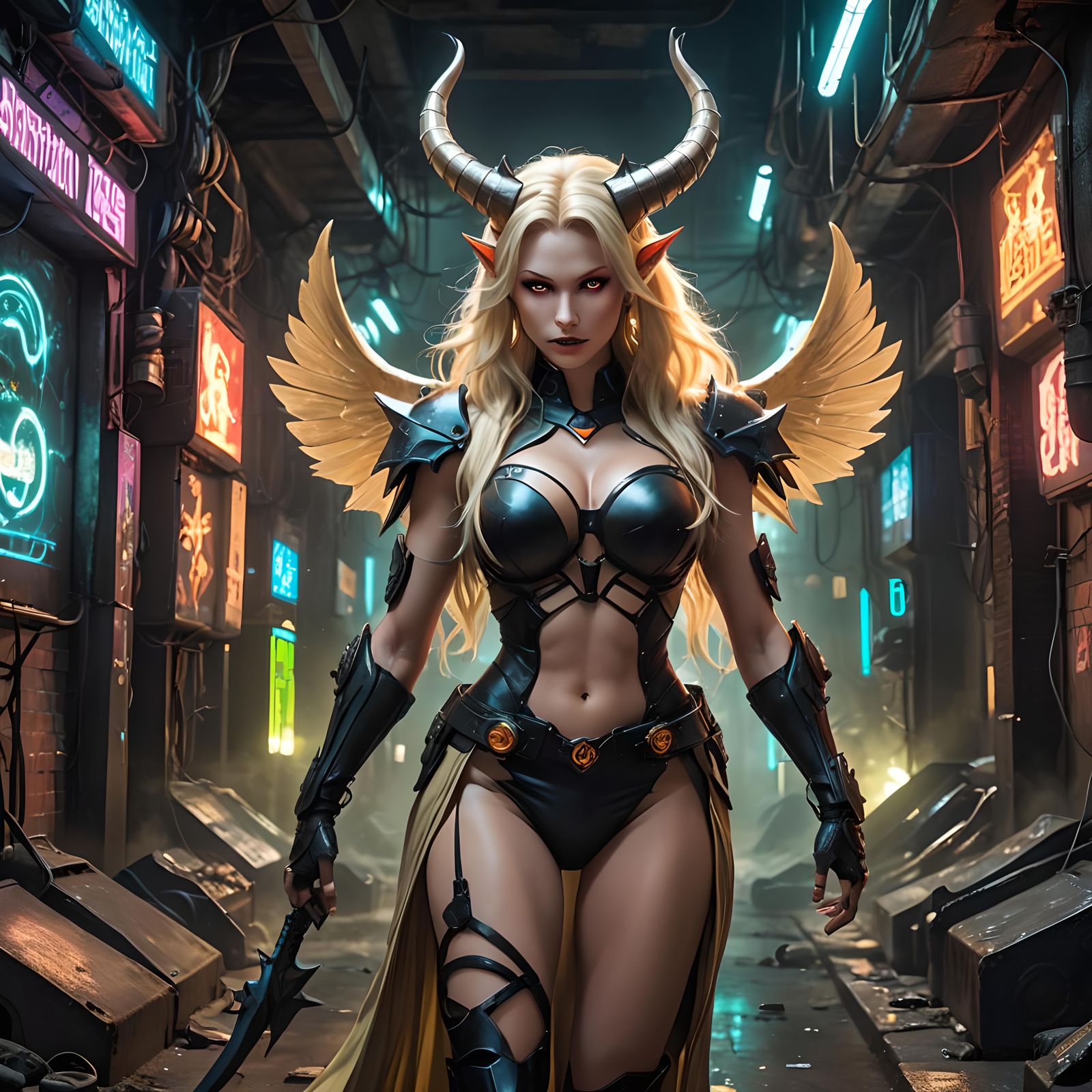 Cyberpunk Demonic Goddess in a Glowing Alley