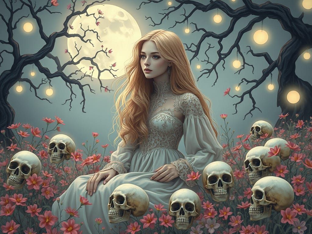 Woman in Dreamlike Landscape with Blooming Wildflowers and S...