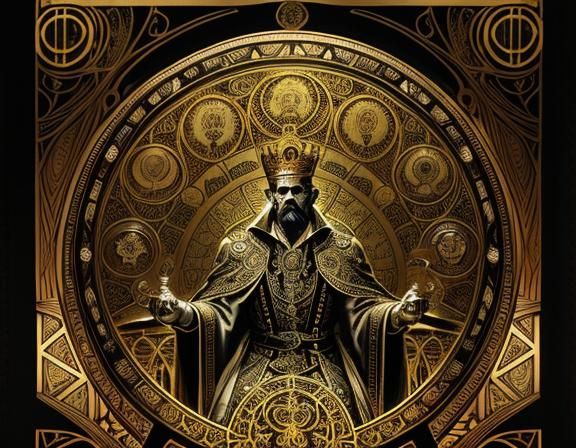 Alchemist Tickling Cat: Art Nouveau Illustration