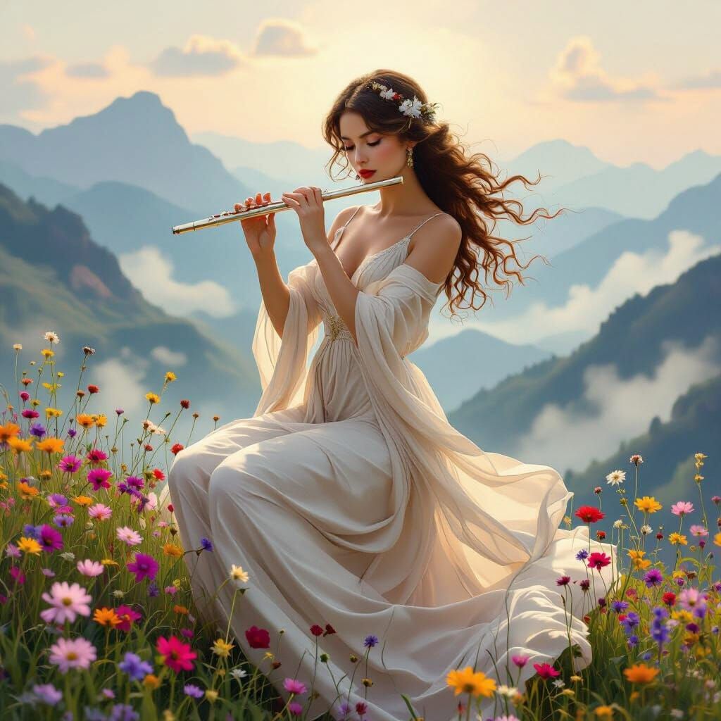 Woman Playing Flute in Dreamy Art Nouveau Landscape