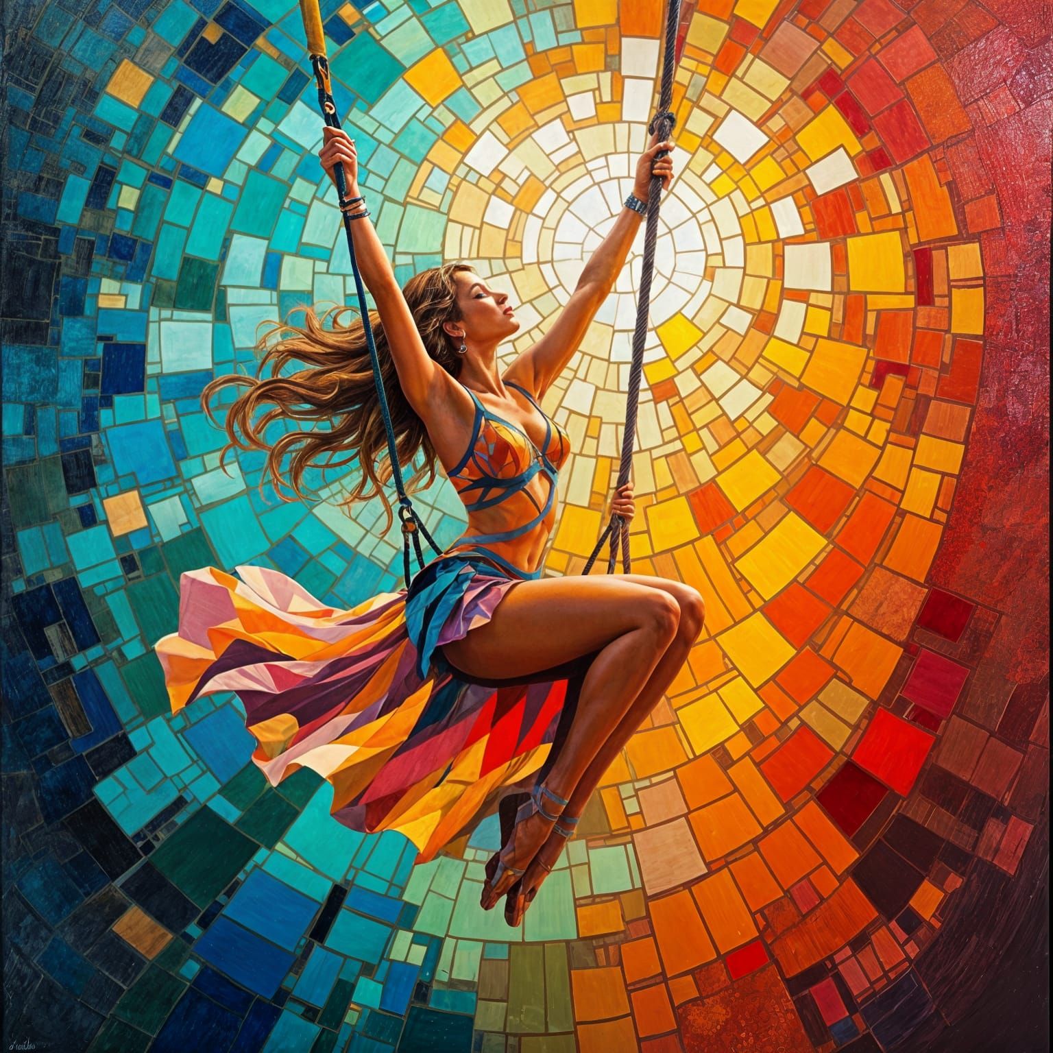Show girl on a trapeze Amanda Sage dynamic lighting orange and teal action painting mosaic