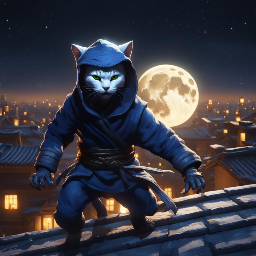 Ninja Cat Leaps Across Moonlit Rooftop
