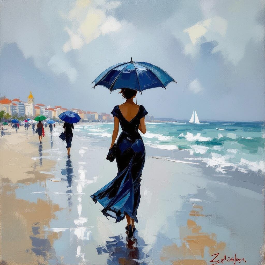 Elegant Woman Walks on Rainy Cádiz Beach