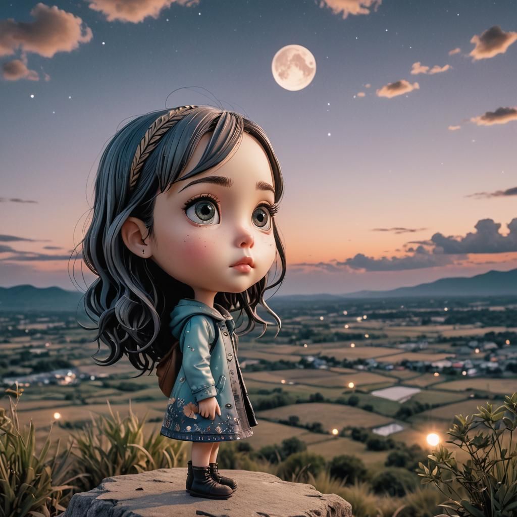 Chibi Blythe Observes Tranquil Twilight in Cartoon Style