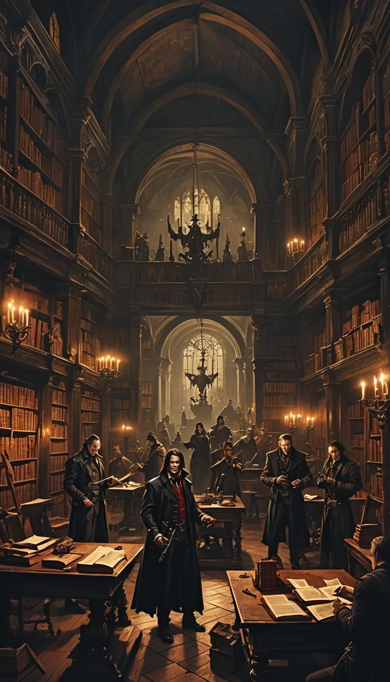 Vampire Hunters Prepare for Battle in Gothic Library