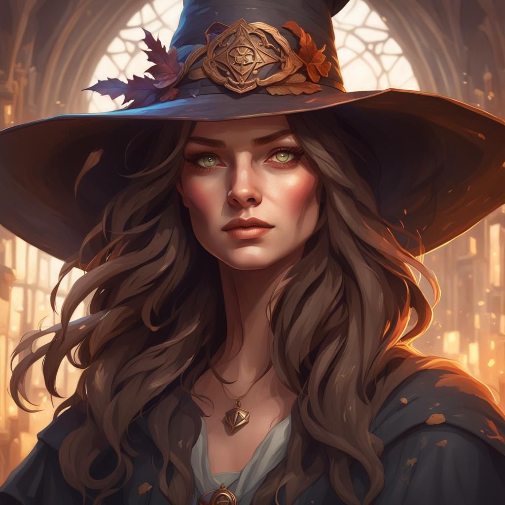 Detailed Portrait of Brown-Haired Witch in Art Nouveau Style