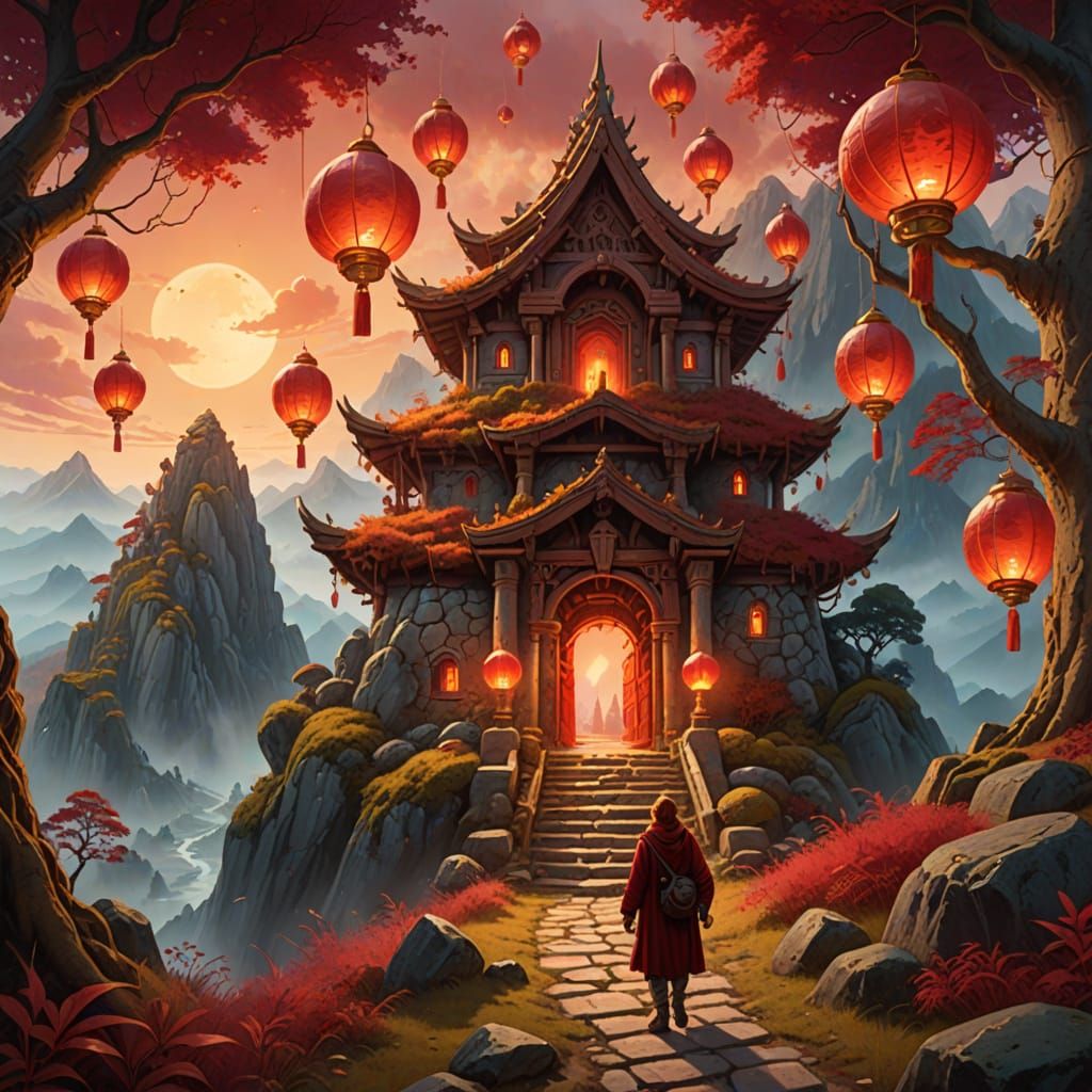 Whimsical Fantasy Shrine Illuminated by Soft Golden Light