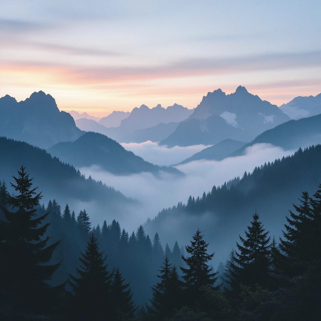 Mist-Covered Mountains at Dawn in Vintage Film Style