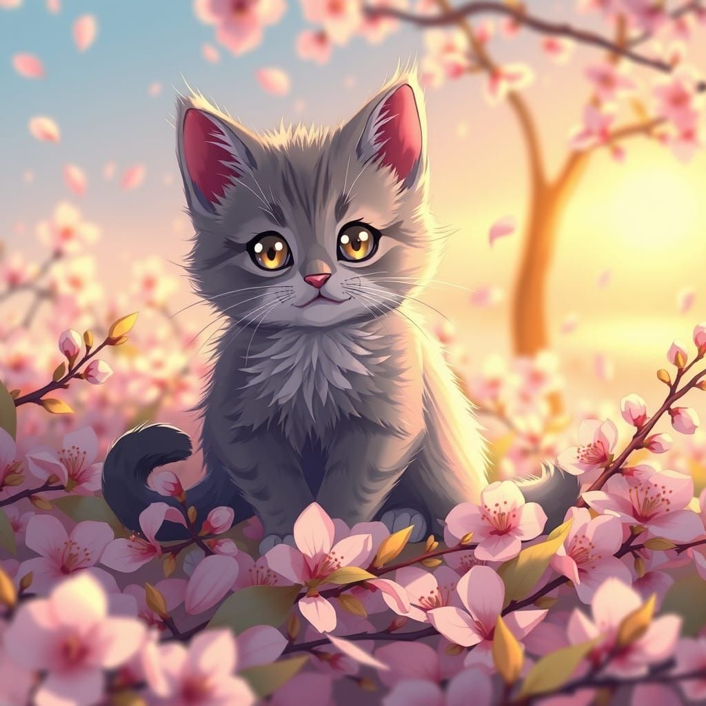 Serenely Contemplative Gray Kitten Amidst Sakura Leaves in A...