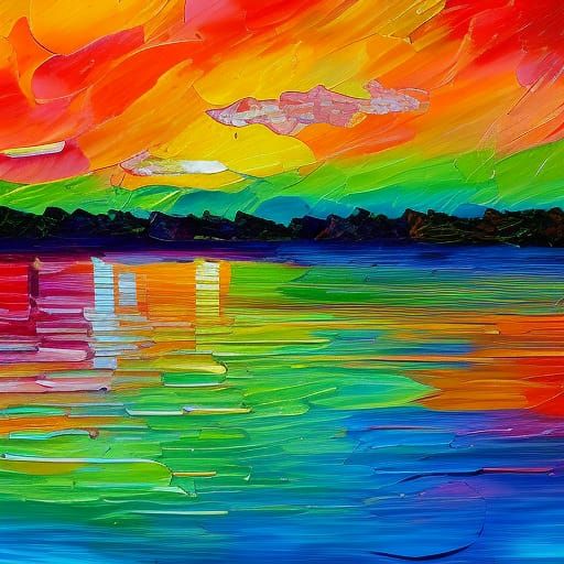 Expressionist Rainbow Sunrise Reflecting on Puddles