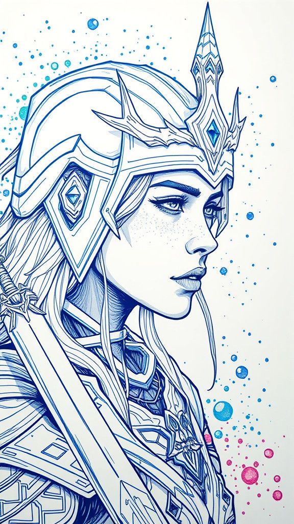 Futuristic Warrior Queen: Blue Ink Line Art