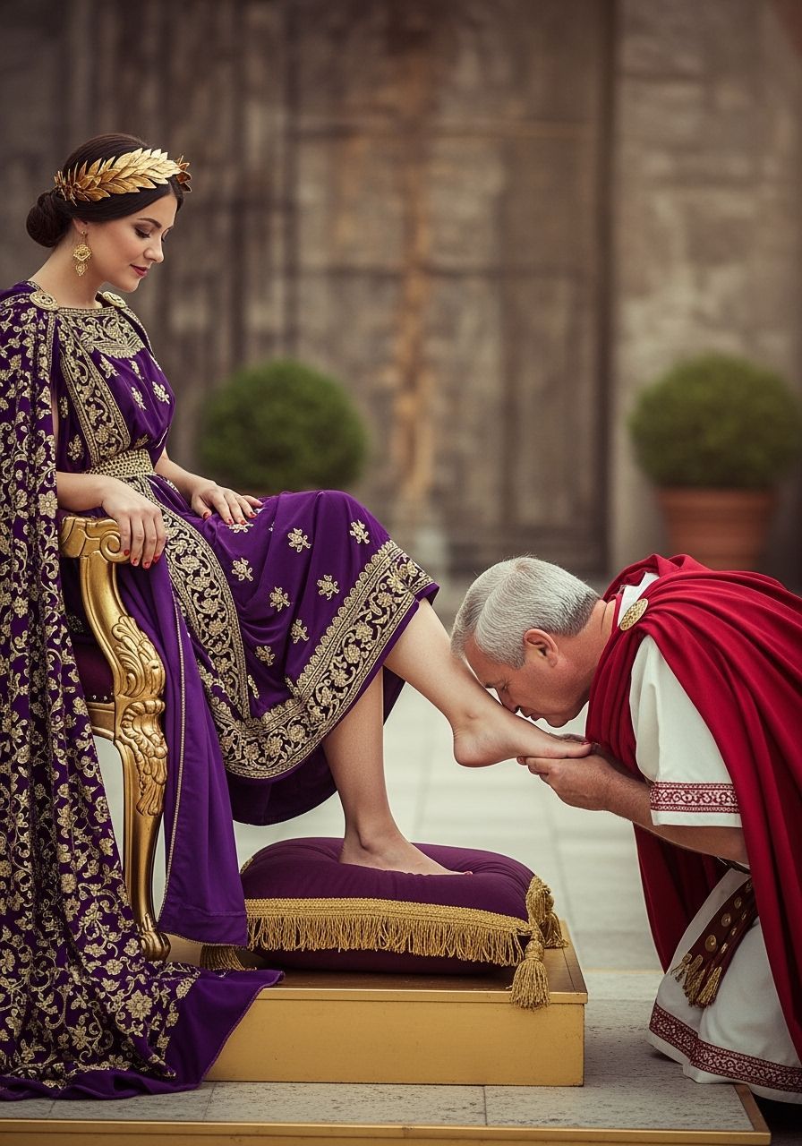 Barefoot Roman Empress on Opulent Gold Throne