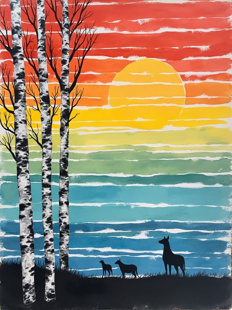 Whimsical Birches on Vintage Rainbow Lines